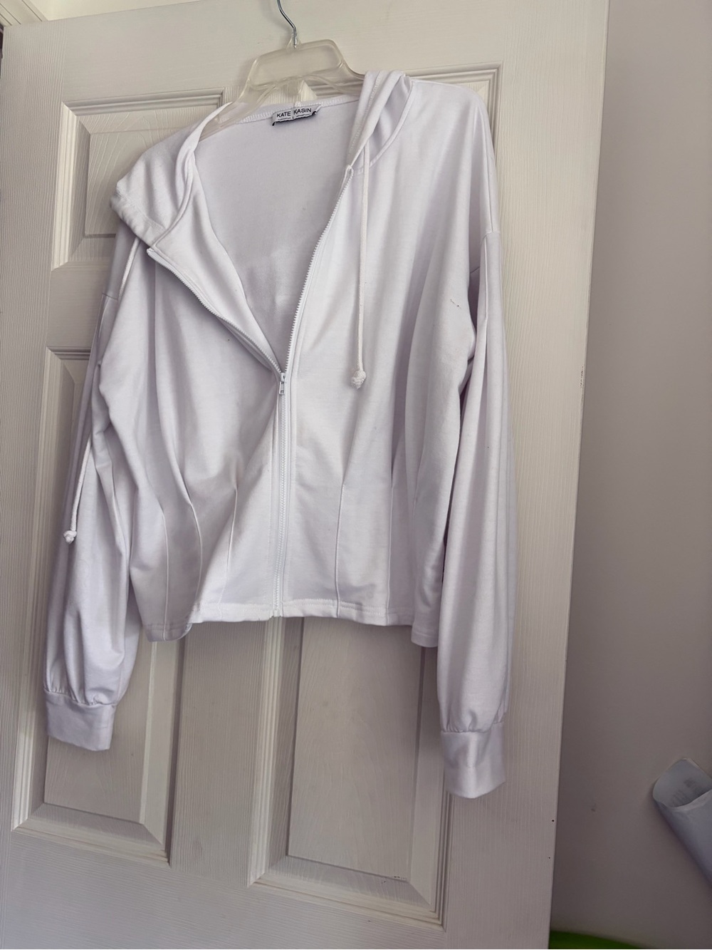White Zip Hoodie with Drawstring Hood - Kate Kasin